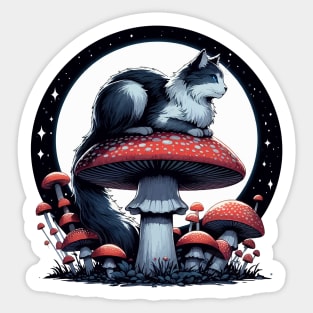 Funny Vintage Gray Cat in Mushroom Garden Sticker